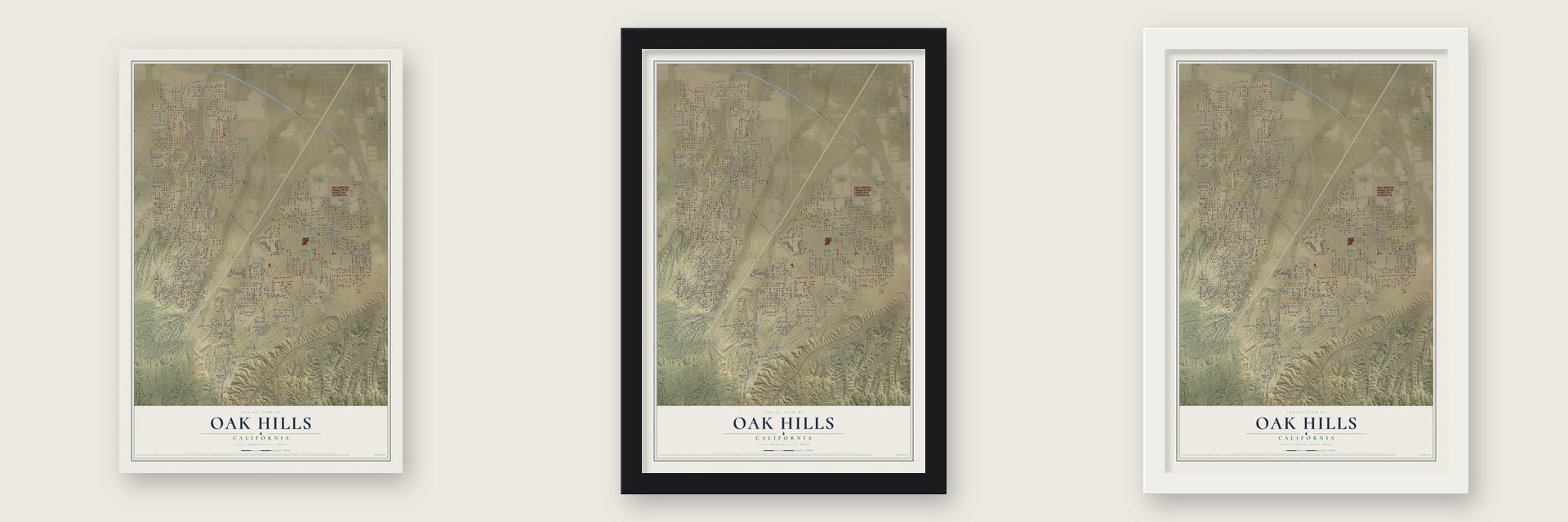 Oak Hills, California map unframed, in a black wood frame and in a white wood frame