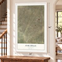 Oak Hills, California map, 24 x 36 inch print in a white frame by a staircase