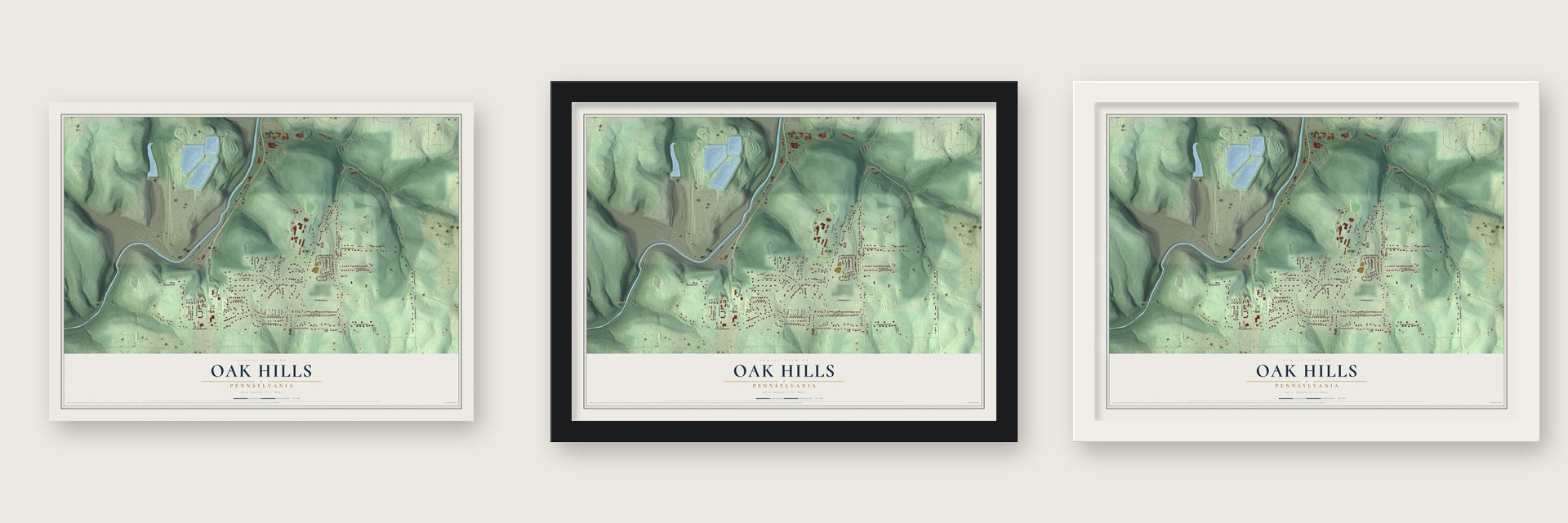 Oak Hills, Pennsylvania map unframed, in a black wood frame and in a white wood frame