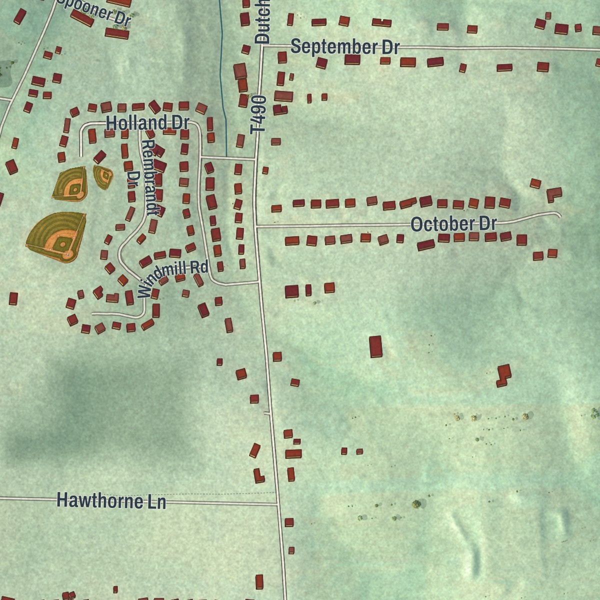 Second close-up of the map of Oak Hills, Pennsylvania print showing more streets and buildings
