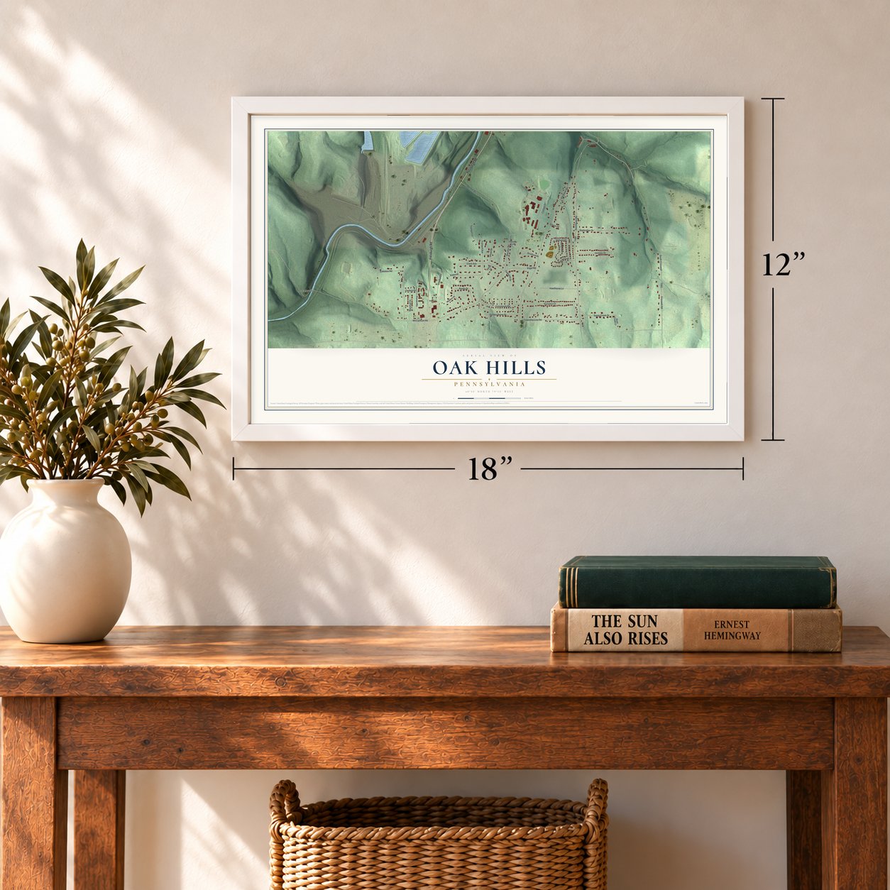 Oak Hills, Pennsylvania map, 12 x 18 inch print in a white frame in an entryway