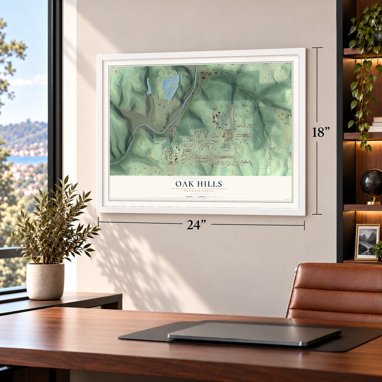 Oak Hills, Pennsylvania map, 18 x 24 inch print in a white frame in a home office