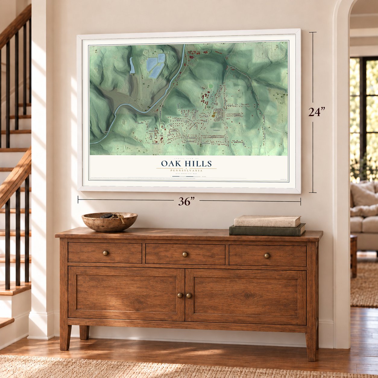 Oak Hills, Pennsylvania map, 24 x 36 inch print in a white frame above a dresser by a staircase