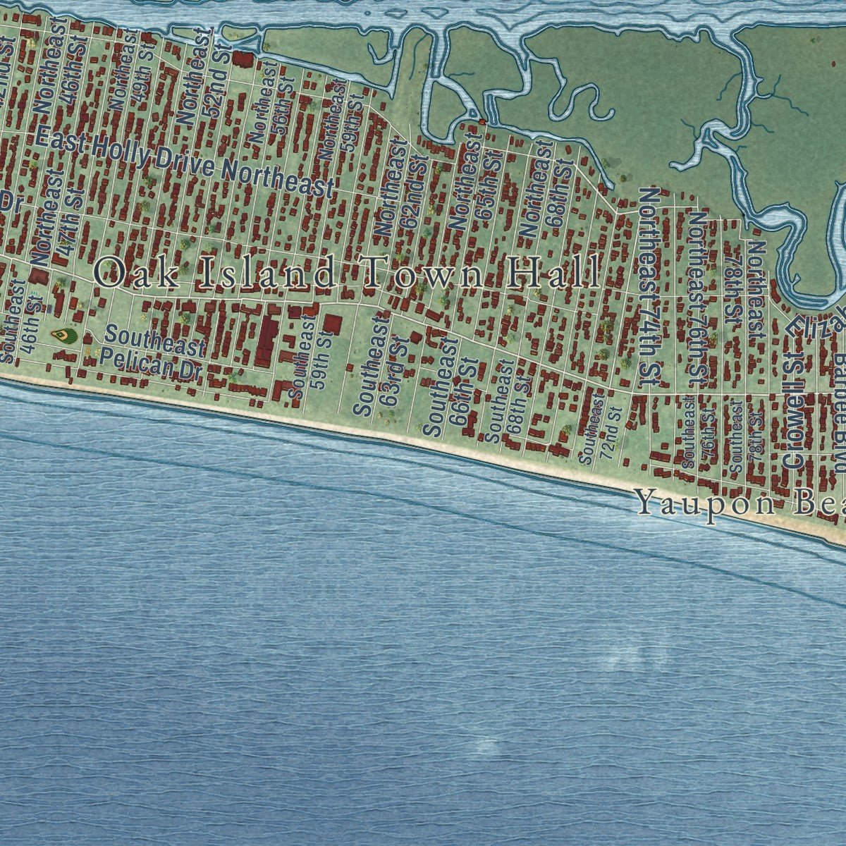 Second close-up of the map of Oak Island, North Carolina print showing more streets and buildings