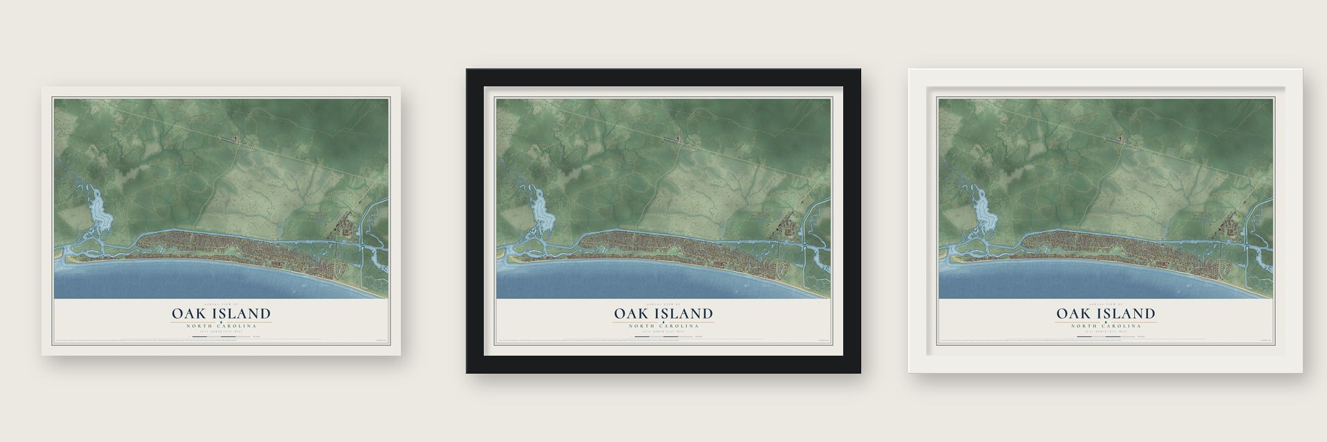 Oak Island, North Carolina map unframed, in a black wood frame and in a white wood frame