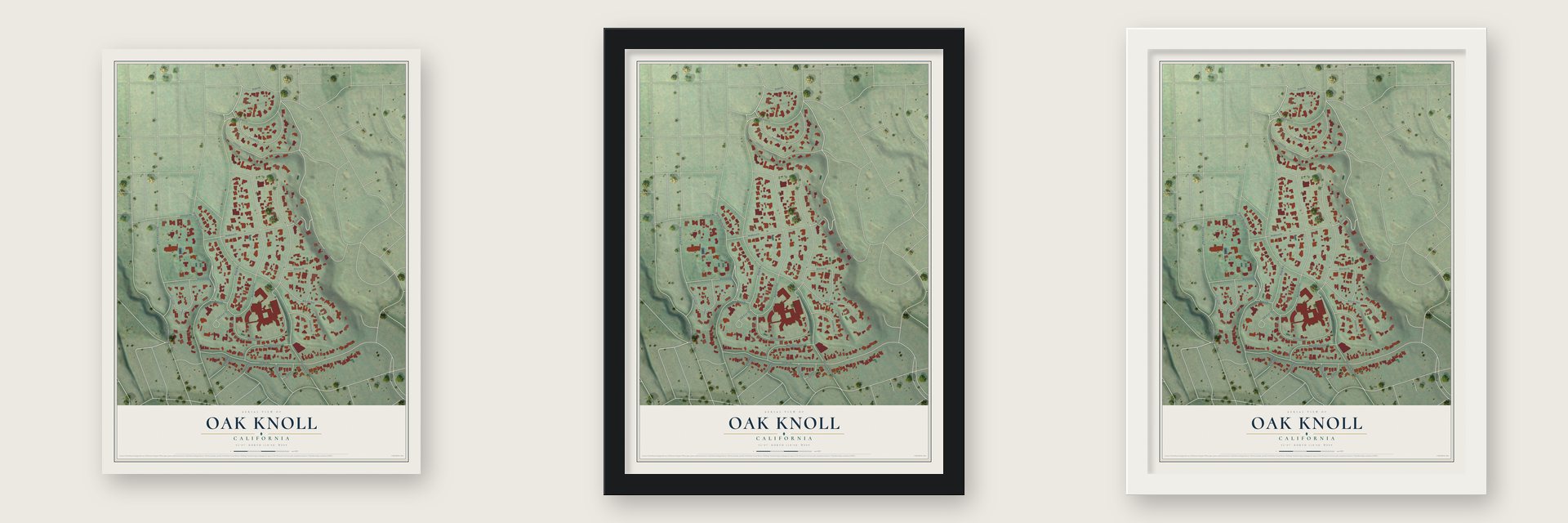 Oak Knoll, California map unframed, in a black wood frame and in a white wood frame