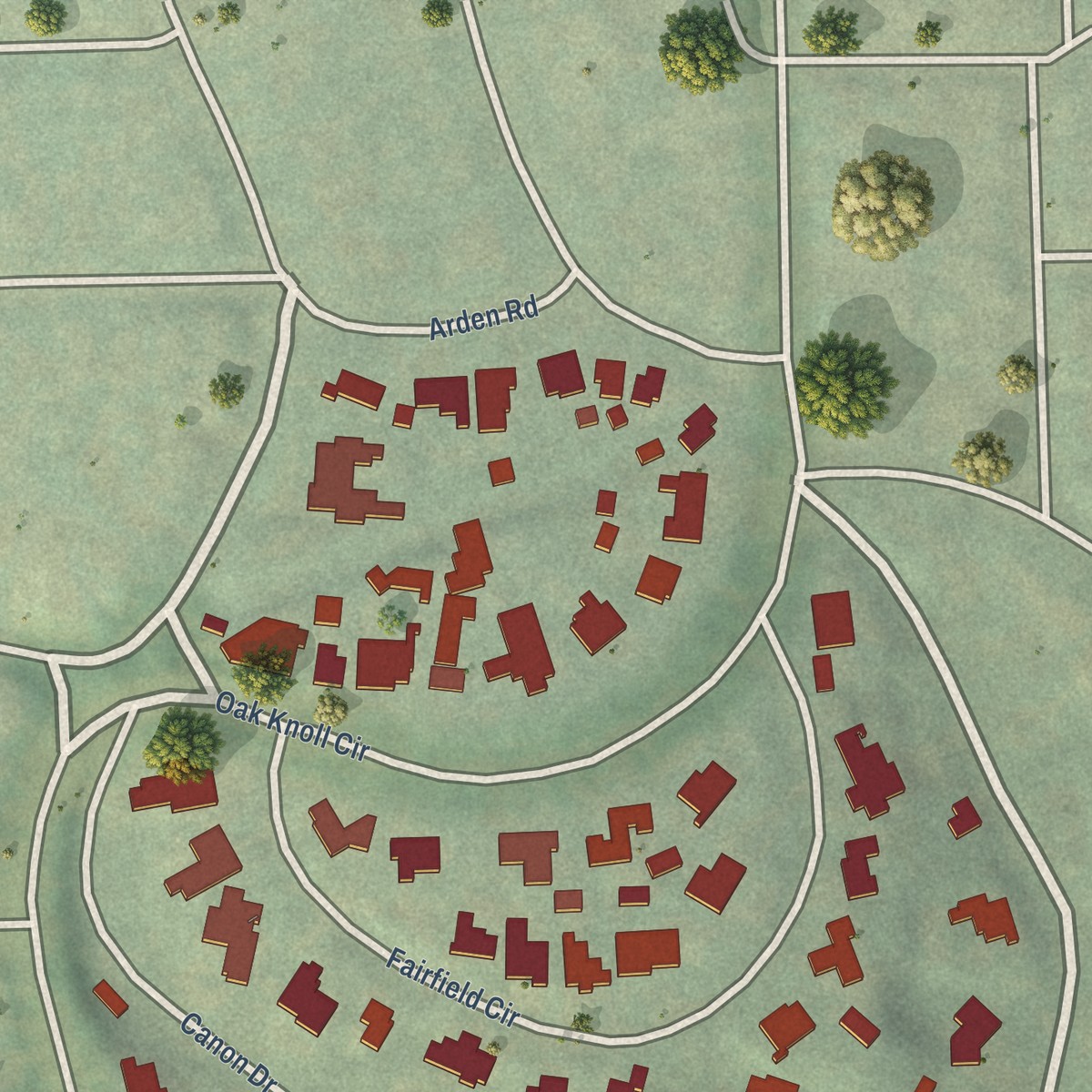 Second close-up of the map of Oak Knoll, California print showing more streets and buildings