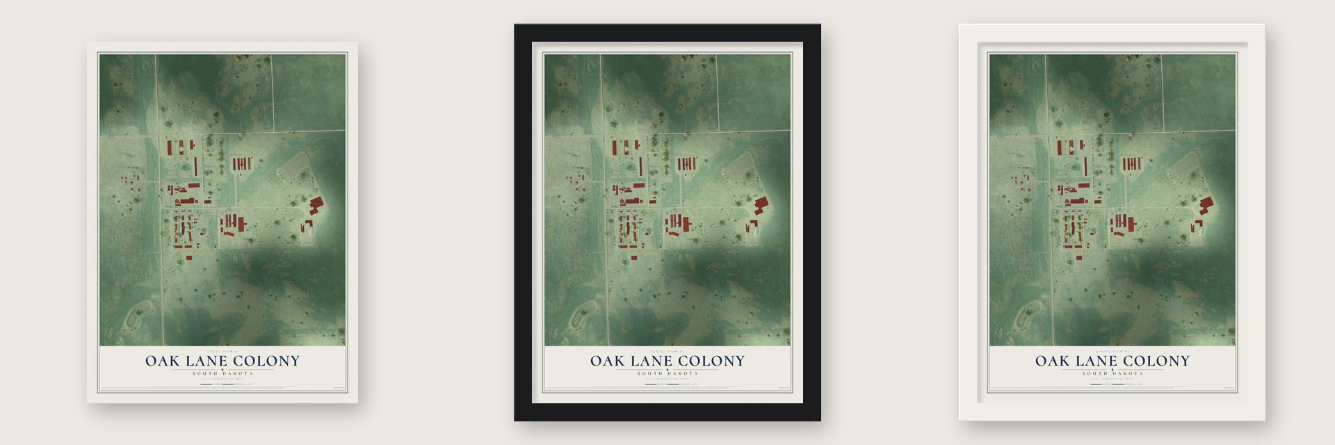 Oak Lane Colony, South Dakota map unframed, in a black wood frame and in a white wood frame