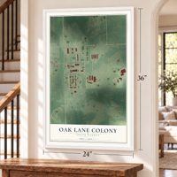 Oak Lane Colony, South Dakota map, 24 x 36 inch print in a white frame by a staircase