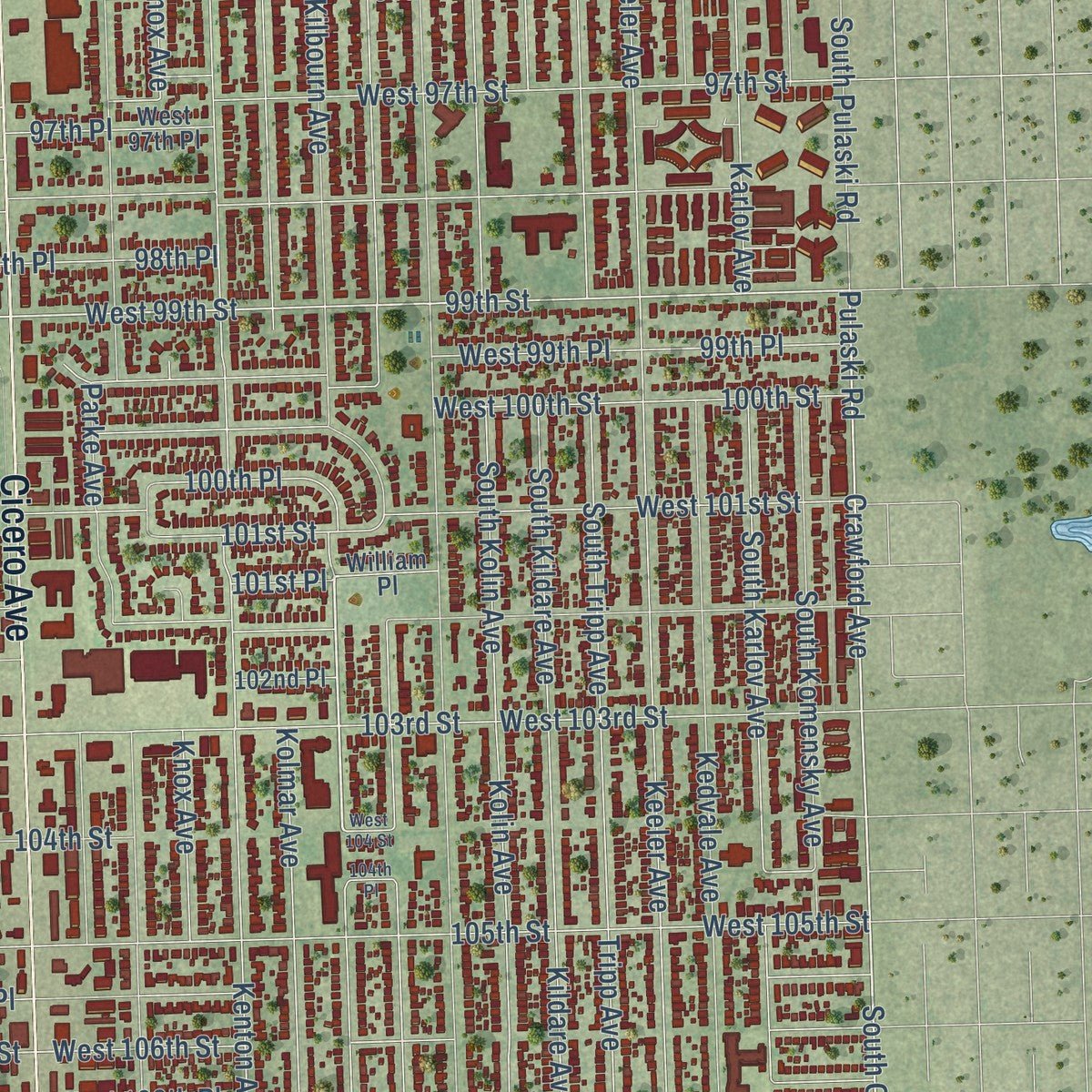 Second close-up of the map of Oak Lawn, Illinois print showing more streets and buildings