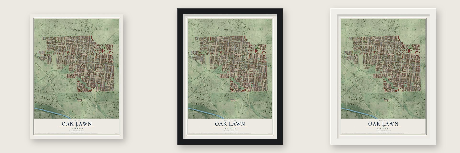 Oak Lawn, Illinois map unframed, in a black wood frame and in a white wood frame
