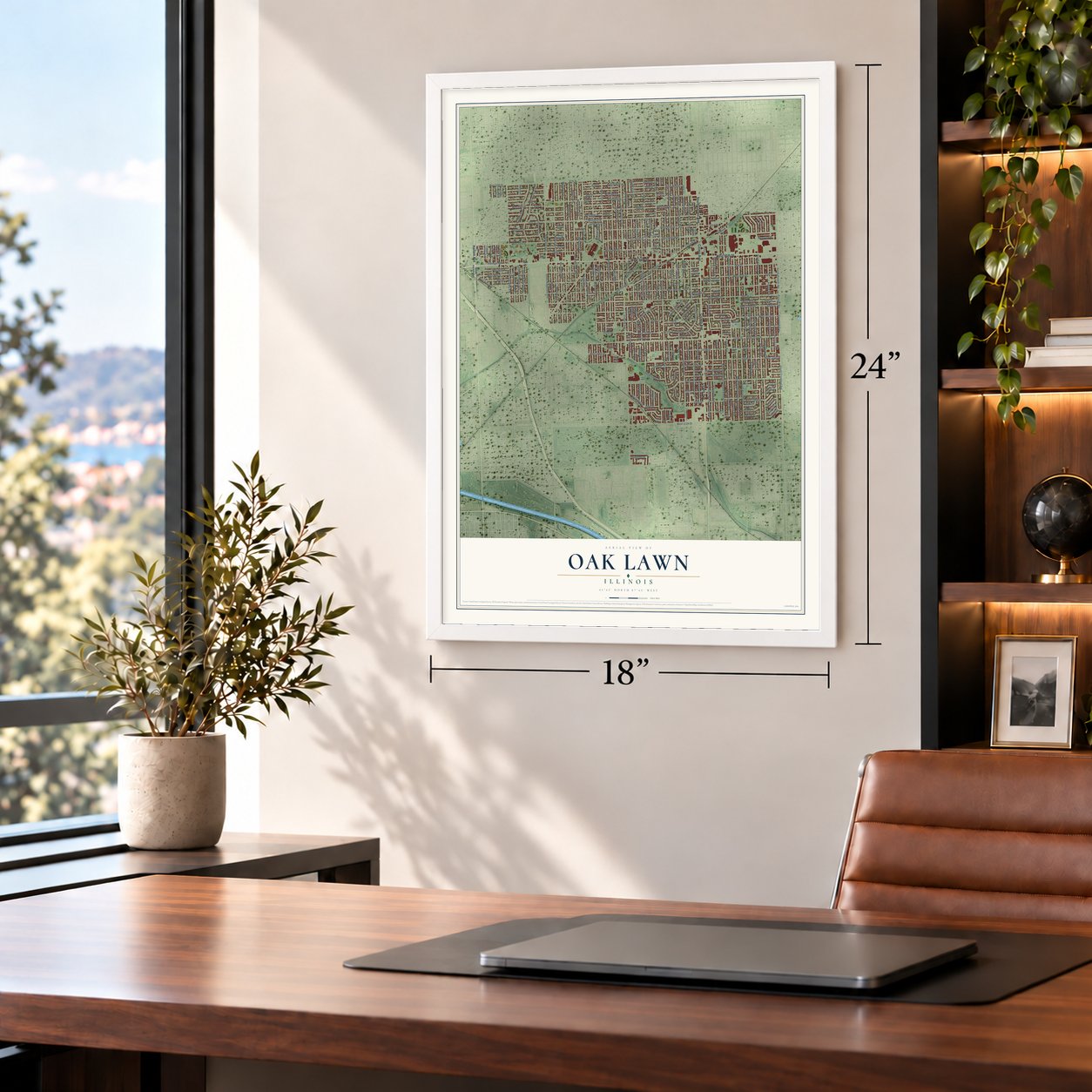 Oak Lawn, Illinois map, 18 x 24 inch print in a white frame in a home office