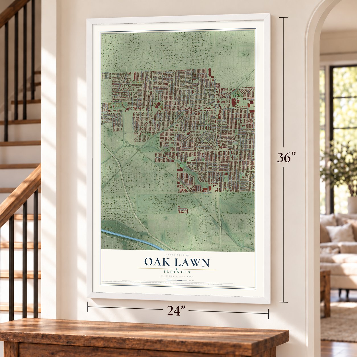 Oak Lawn, Illinois map, 24 x 36 inch print in a white frame by a staircase