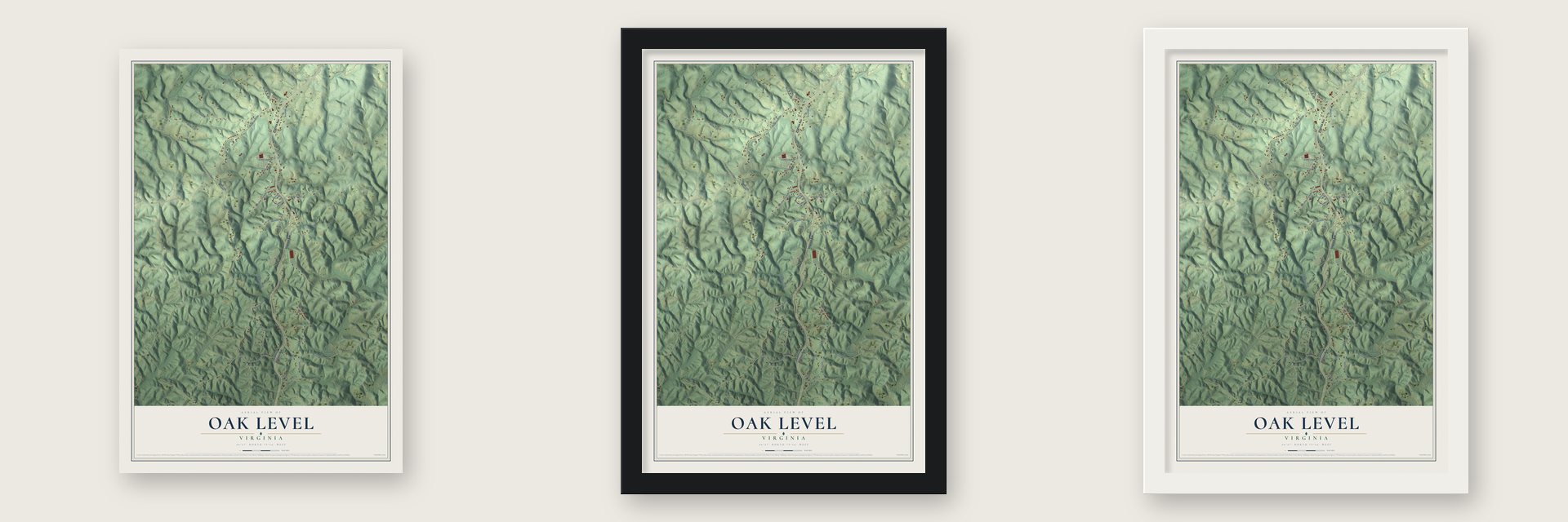 Oak Level, Virginia map unframed, in a black wood frame and in a white wood frame