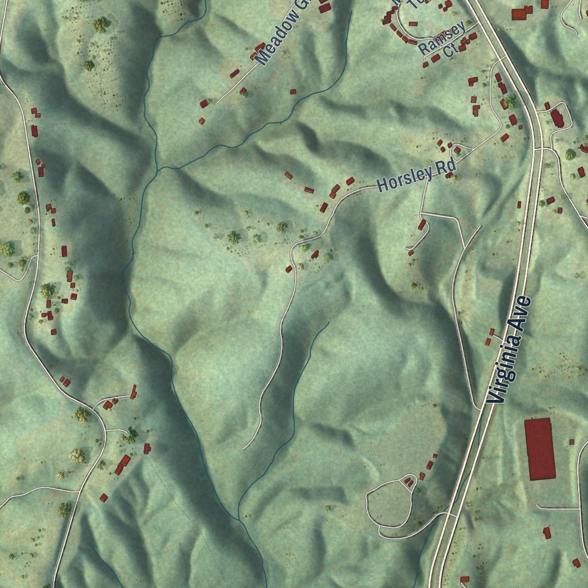 Second close-up of the map of Oak Level, Virginia print showing more streets and buildings