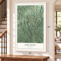 Oak Level, Virginia map, 24 x 36 inch print in a white frame by a staircase
