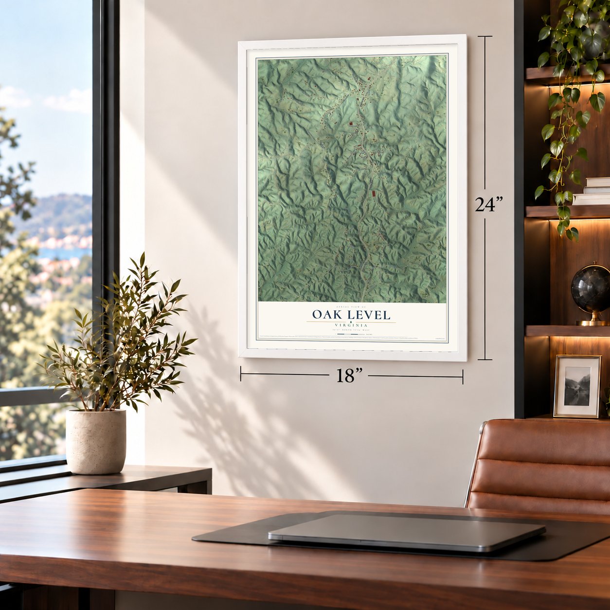 Oak Level, Virginia map, 18 x 24 inch print in a white frame in a home office