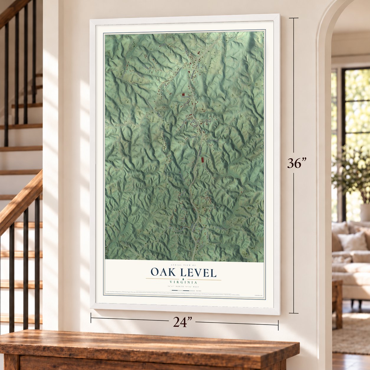 Oak Level, Virginia map, 24 x 36 inch print in a white frame by a staircase