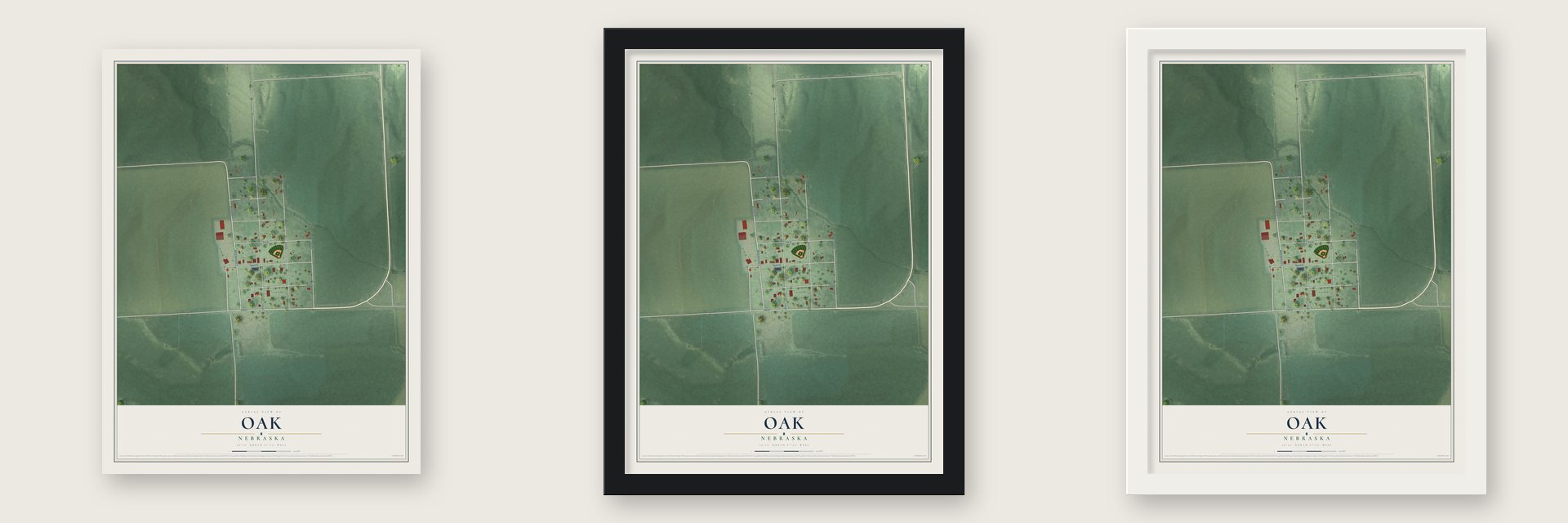 Oak, Nebraska map unframed, in a black wood frame and in a white wood frame