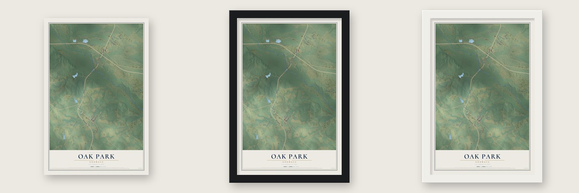 Oak Park, Georgia map unframed, in a black wood frame and in a white wood frame
