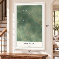 Oak Park, Georgia map, 24 x 36 inch print in a white frame by a staircase