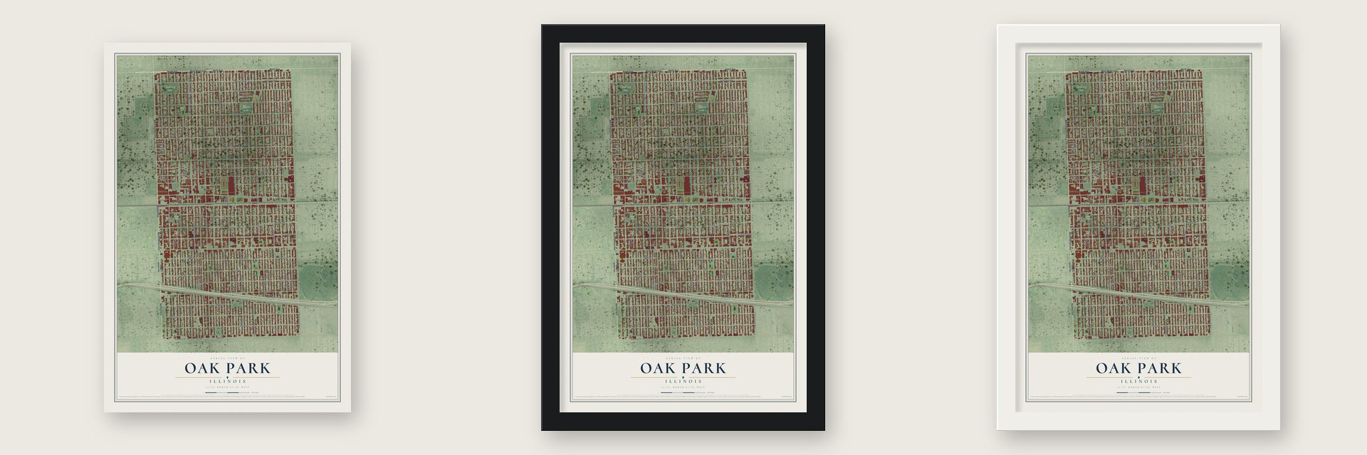 Oak Park, Illinois map unframed, in a black wood frame and in a white wood frame