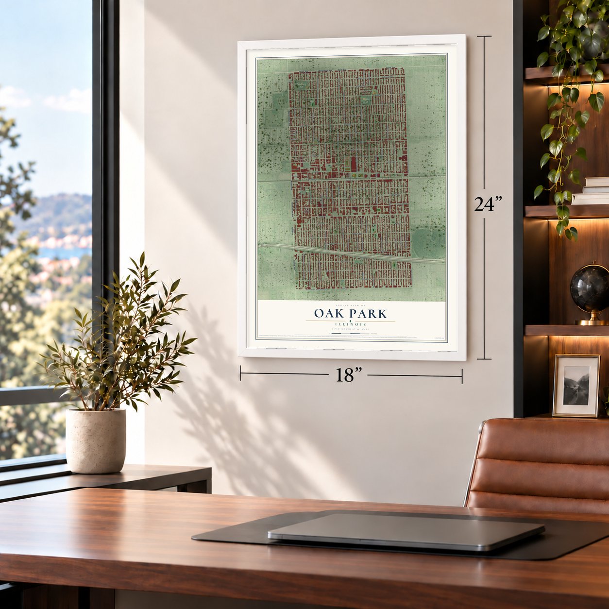 Oak Park, Illinois map, 18 x 24 inch print in a white frame in a home office