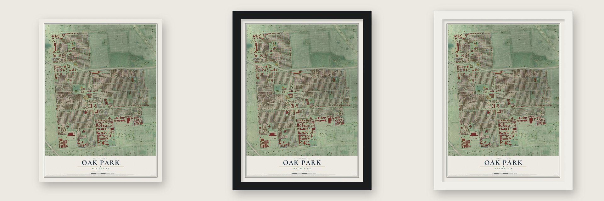 Oak Park, Michigan map unframed, in a black wood frame and in a white wood frame