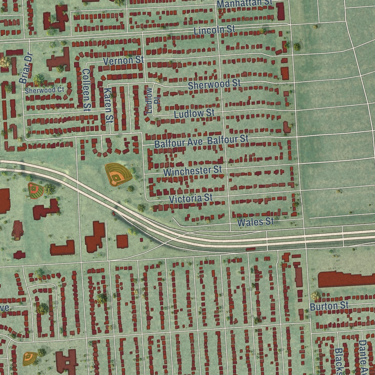 Second close-up of the map of Oak Park, Michigan print showing more streets and buildings