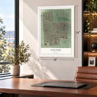 Oak Park, Michigan map, 18 x 24 inch print in a white frame in a home office