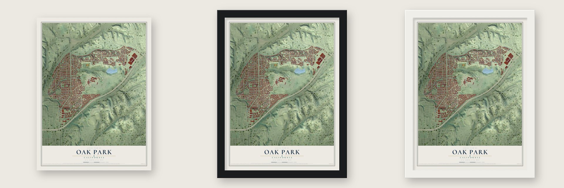 Oak Park, San Diego, California map unframed, in a black wood frame and in a white wood frame