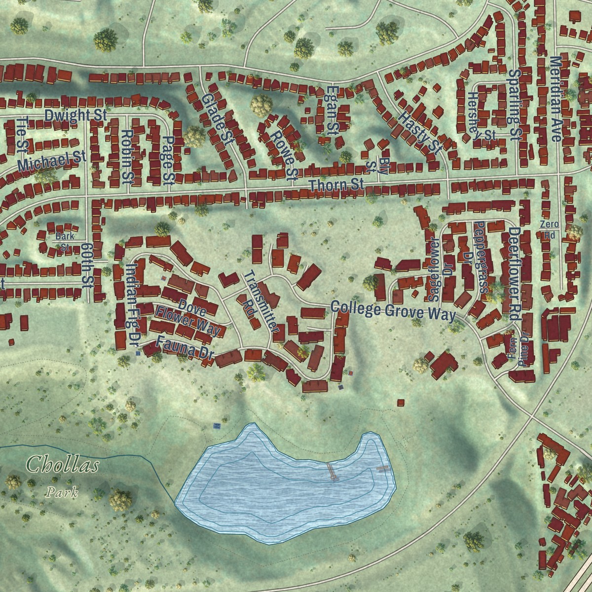 Second close-up of the map of Oak Park, San Diego, California print showing more streets and buildings
