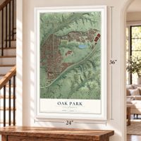Oak Park, San Diego, California map, 24 x 36 inch print in a white frame by a staircase