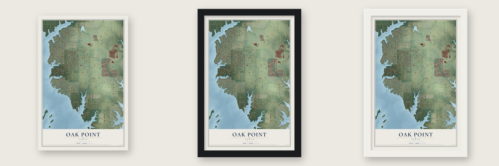 Oak Point, Texas map unframed, in a black wood frame and in a white wood frame