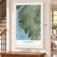 Oak Point, Texas map, 24 x 36 inch print in a white frame by a staircase