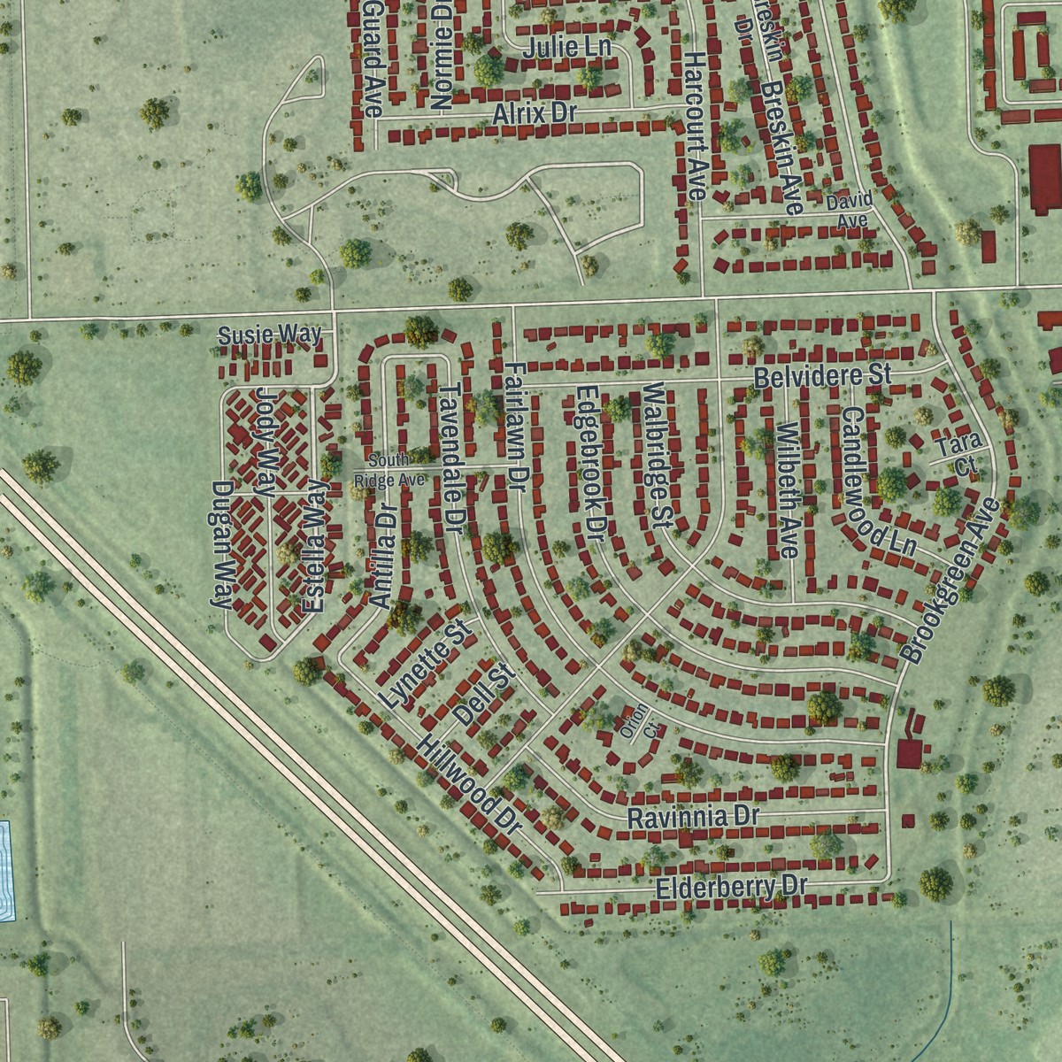 Second close-up of the map of Oak Ridge, Florida print showing more streets and buildings