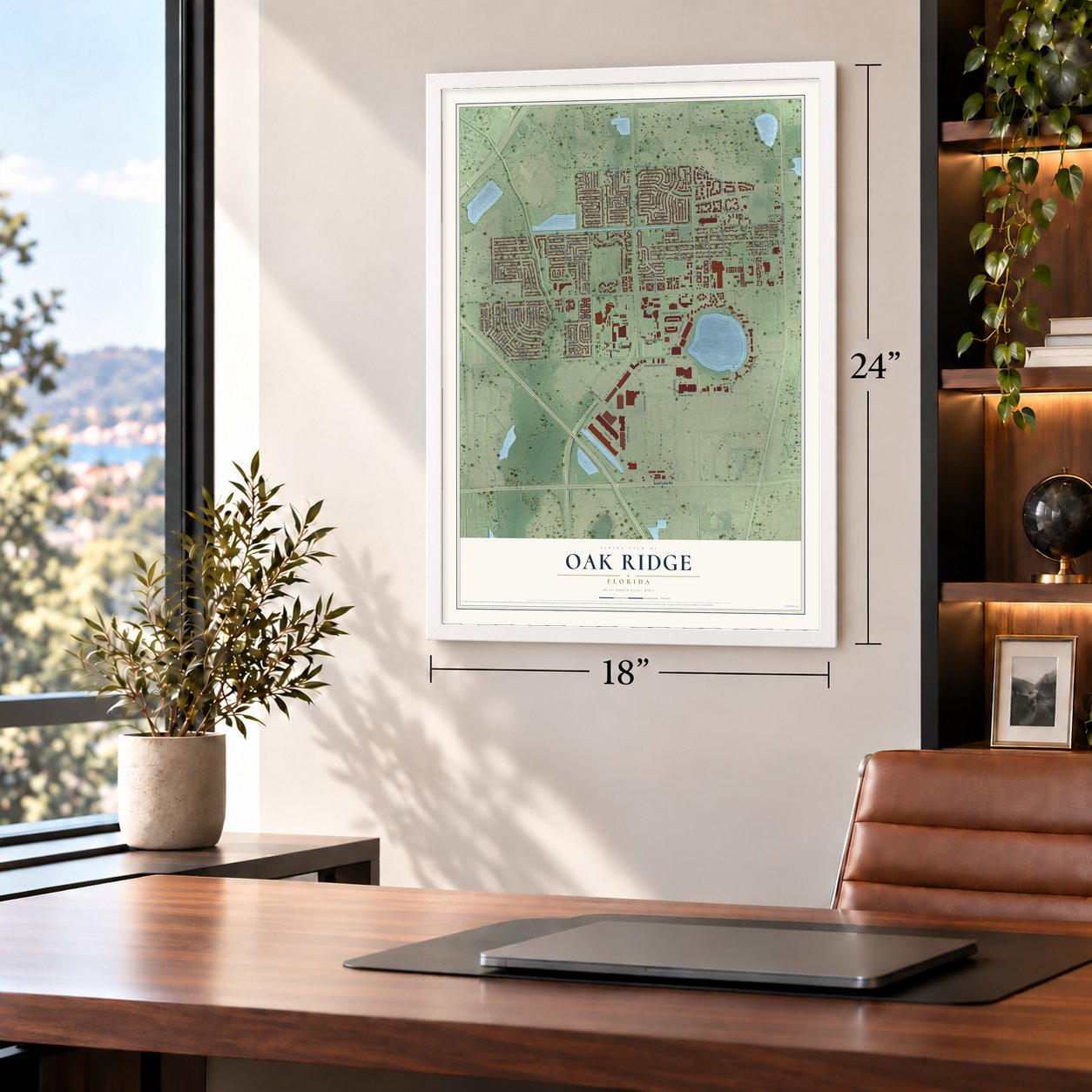 Oak Ridge, Florida map, 18 x 24 inch print in a white frame in a home office