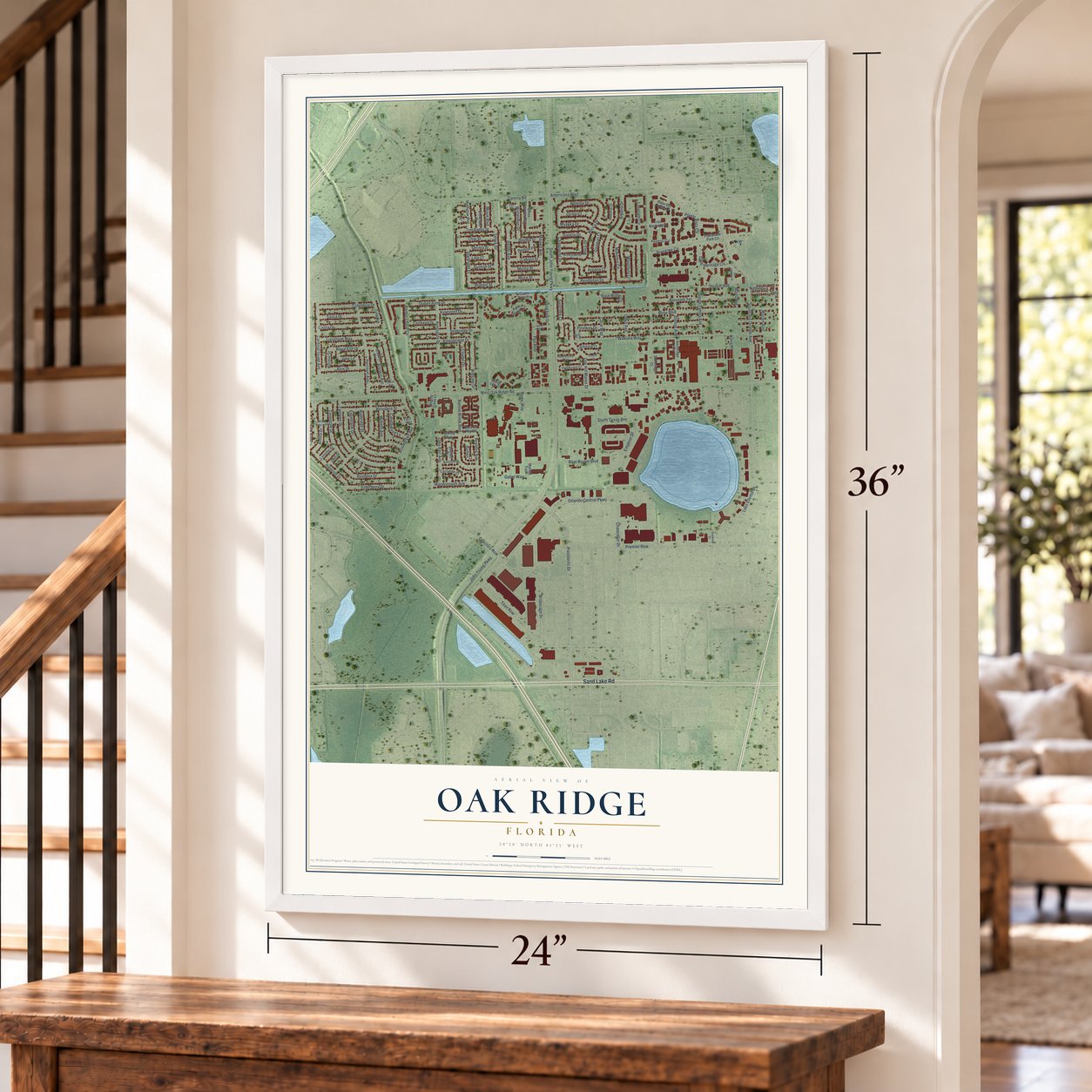 Oak Ridge, Florida map, 24 x 36 inch print in a white frame by a staircase