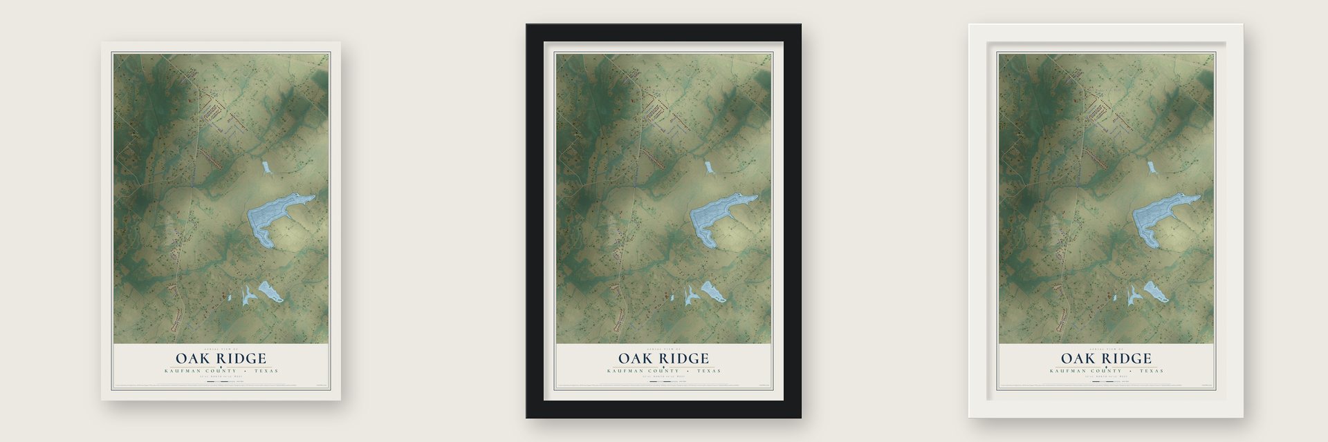Oak Ridge, Kaufman County, Texas map unframed, in a black wood frame and in a white wood frame