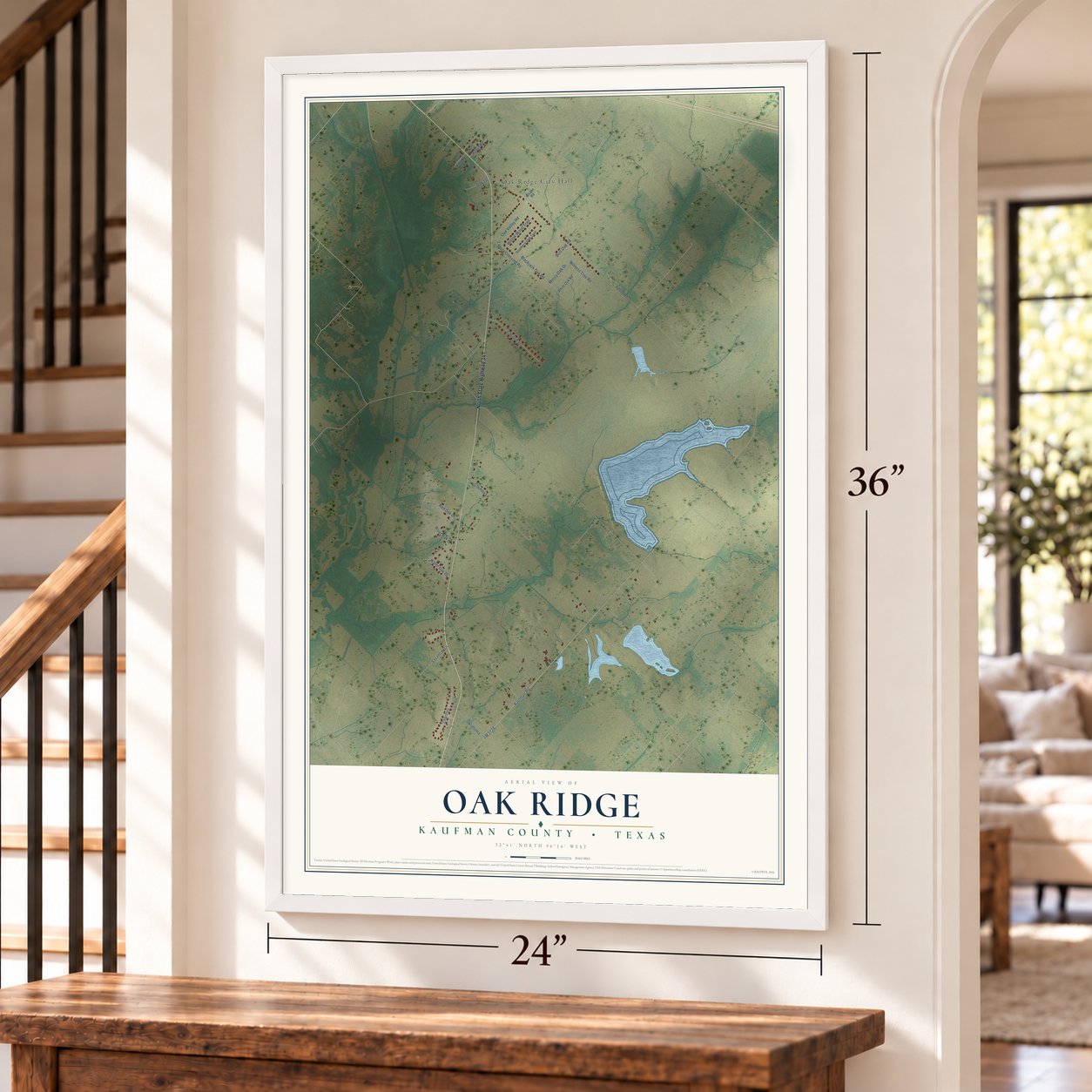 Oak Ridge, Kaufman County, Texas map, 24 x 36 inch print in a white frame by a staircase