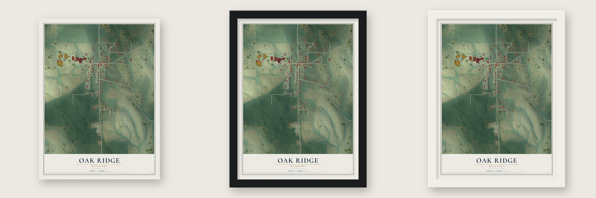 Oak Ridge, Missouri map unframed, in a black wood frame and in a white wood frame