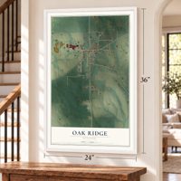 Oak Ridge, Missouri map, 24 x 36 inch print in a white frame by a staircase