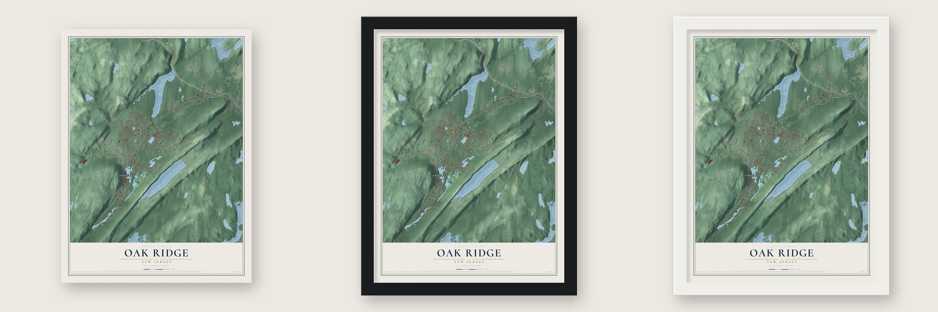 Oak Ridge, New Jersey map unframed, in a black wood frame and in a white wood frame