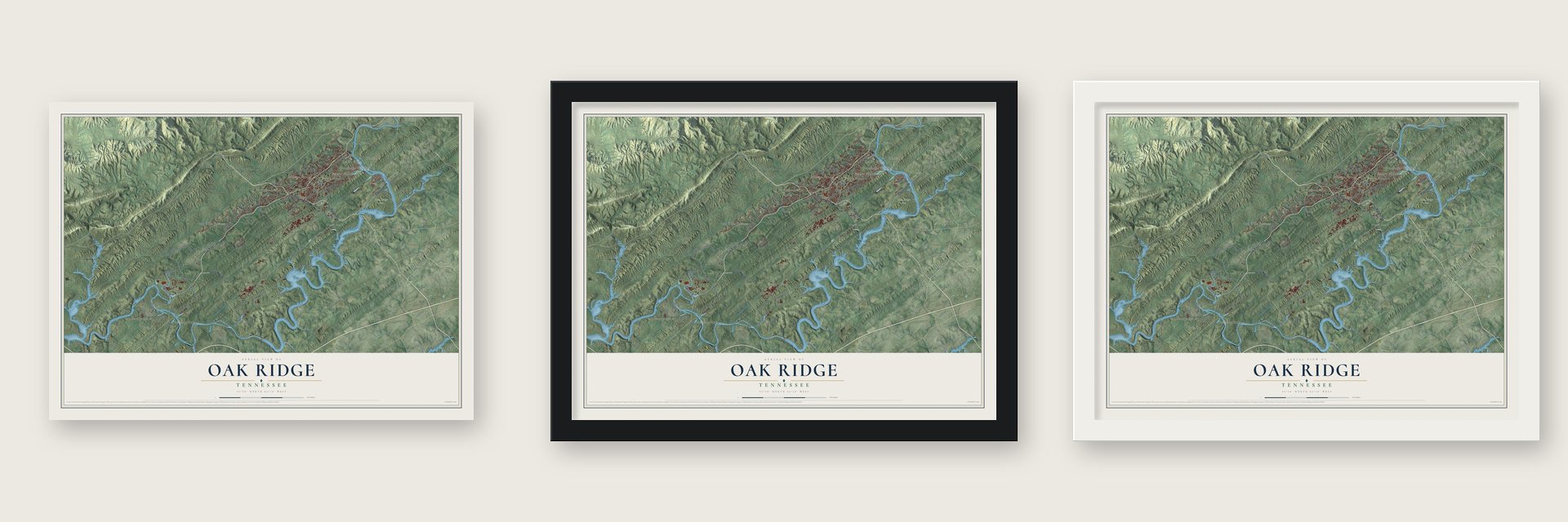 Oak Ridge, Tennessee map unframed, in a black wood frame and in a white wood frame