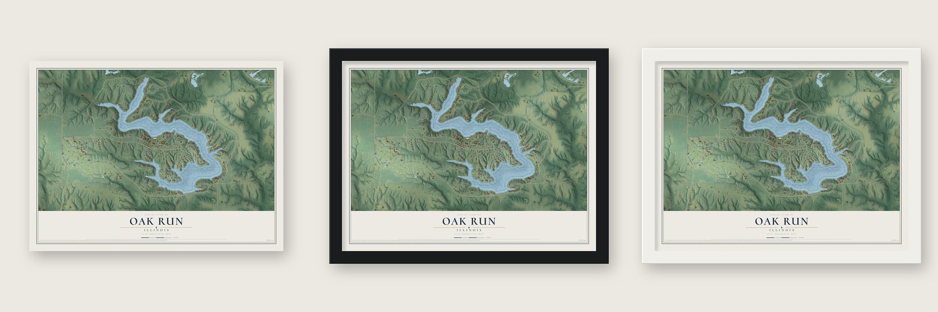 Oak Run, Illinois map unframed, in a black wood frame and in a white wood frame