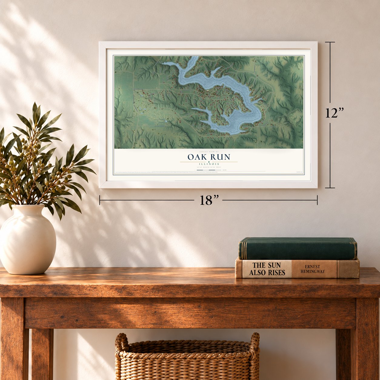 Oak Run, Illinois map, 12 x 18 inch print in a white frame in an entryway