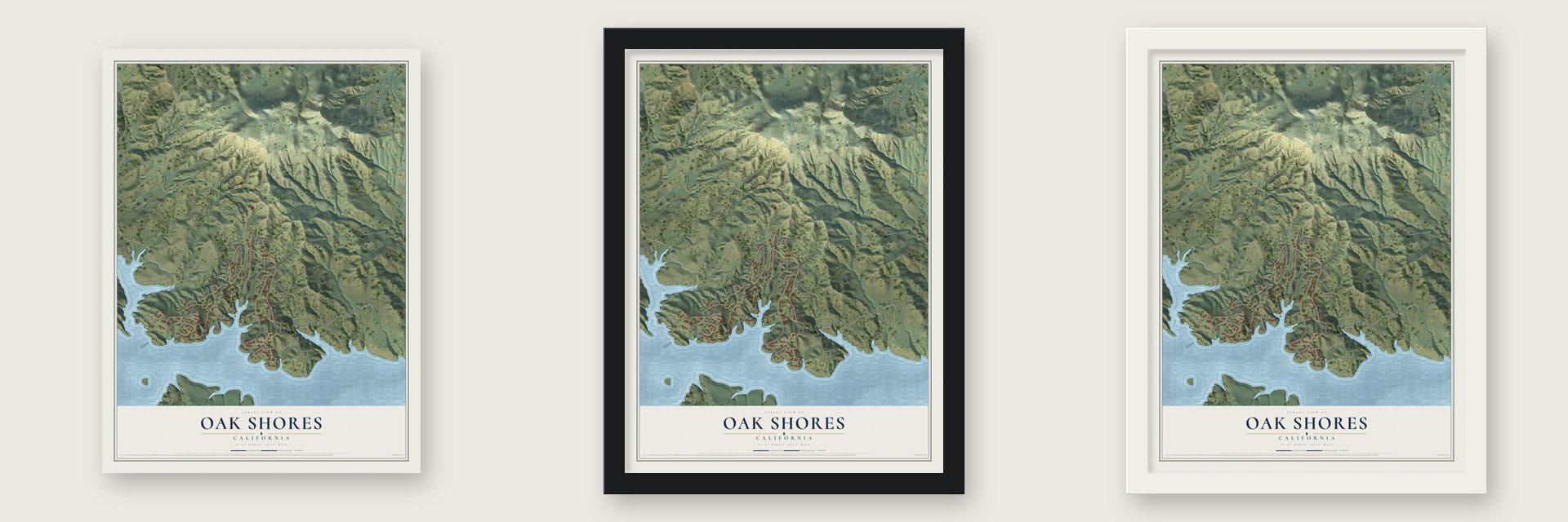 Oak Shores, California map unframed, in a black wood frame and in a white wood frame