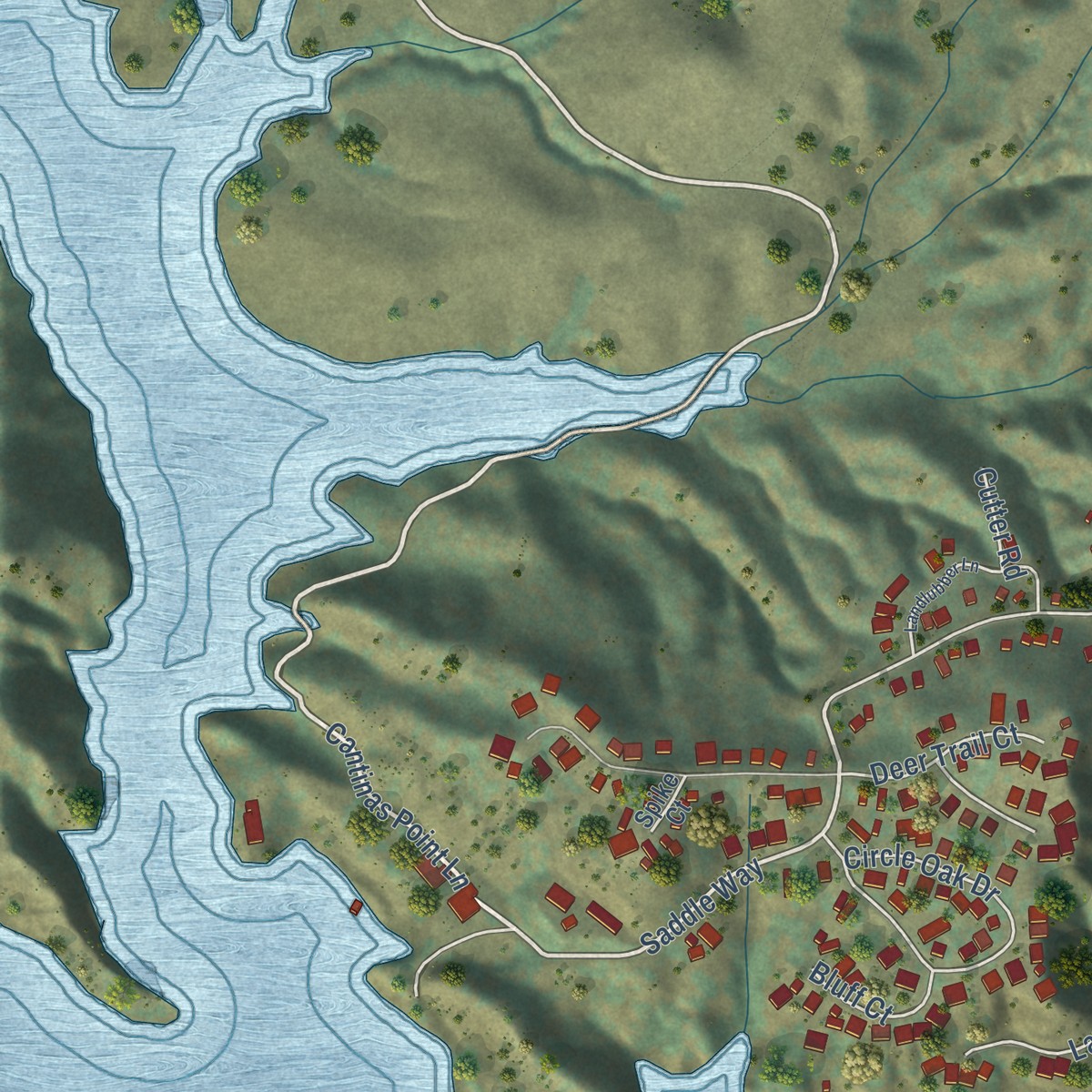 Second close-up of the map of Oak Shores, California print showing more streets and buildings