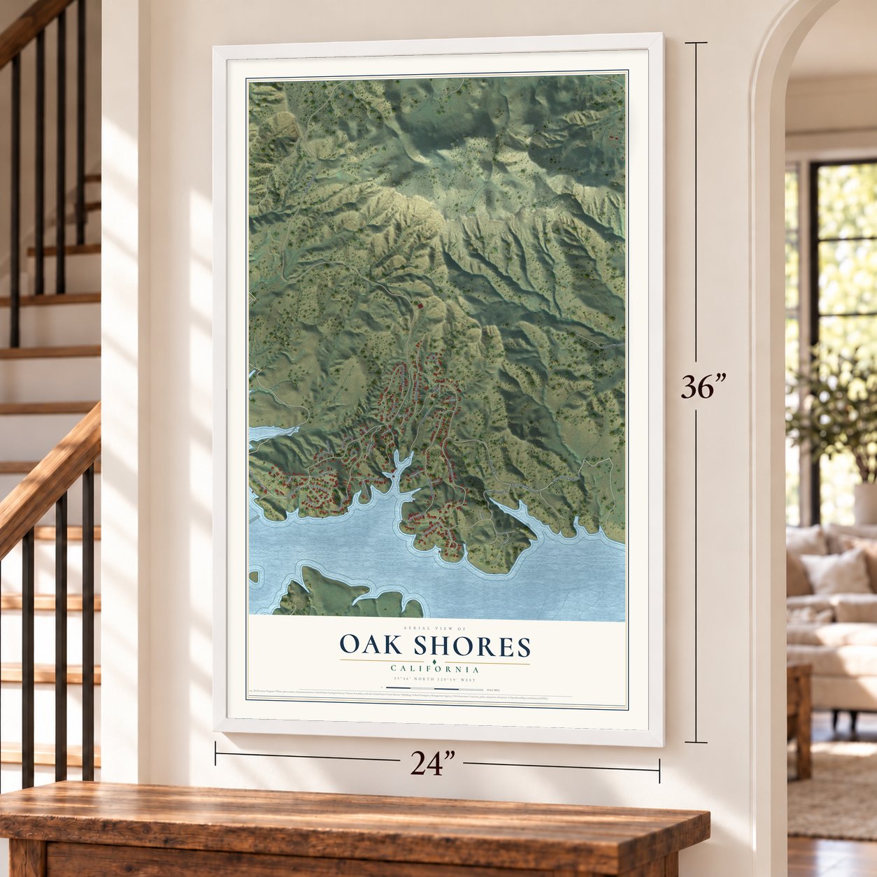 Oak Shores, California map, 24 x 36 inch print in a white frame by a staircase