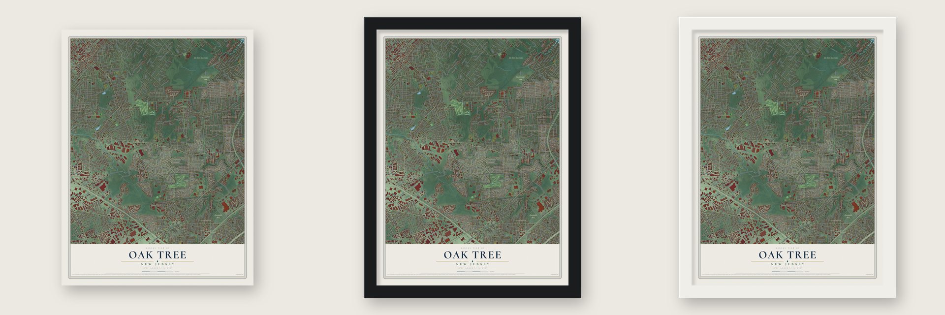 Oak Tree, New Jersey map unframed, in a black wood frame and in a white wood frame